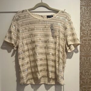 NWT JCrew Beige Sequin Short Sleeve Top, cotton mesh with pailettes